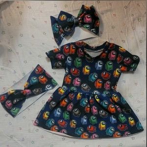 Among Us Peplum set w/ matching toddler bow & mommy wrap